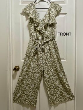 Luxology Olive Green and White Floral Ruffle V-Neck Jumpsuit